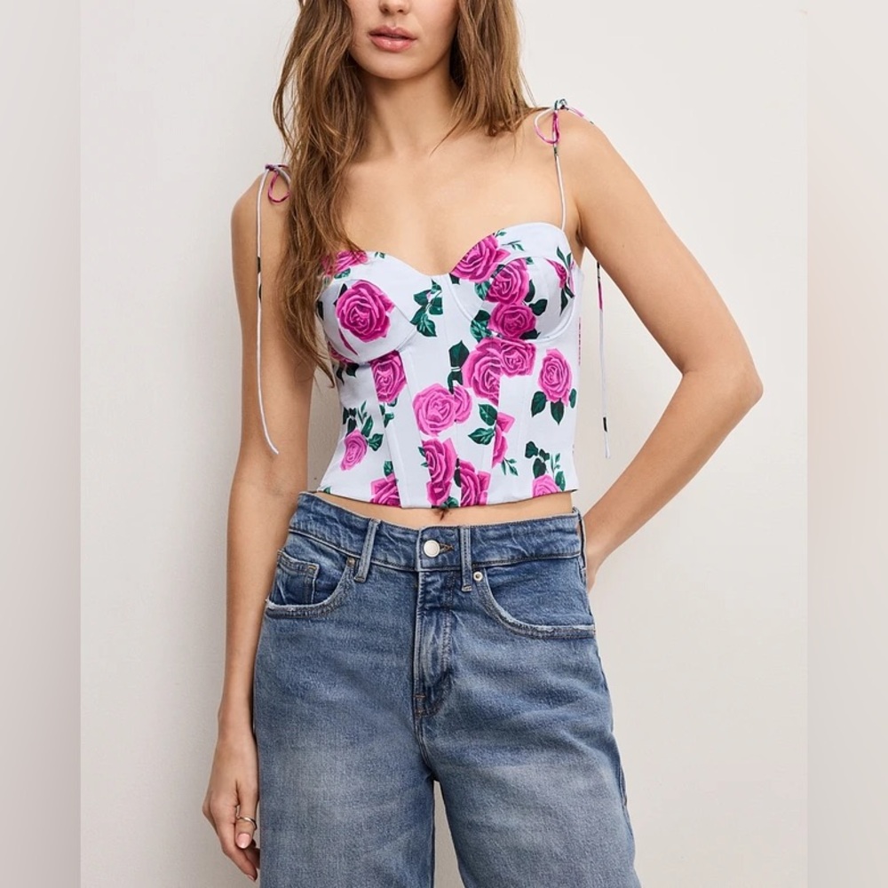 Good American White Crop Bustier with Pink Rose Print